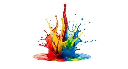 Obraz premium Vibrant colorful paint splash explosion with multicolored liquid droplets isolated on white background