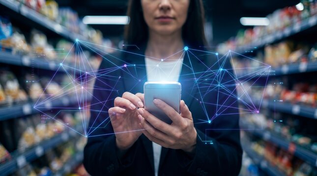 Smart, high tech retail concept of augmented reality and IoT during grocery shopping. Woman using smartphone with futuristic digital network hologram in supermarket