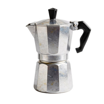 Vintage italian moka pot standing on a white background ready for coffee brewing