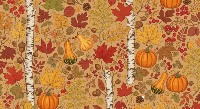 Autumn seamless pattern with pumpkins and leaves