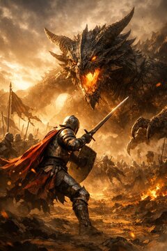 Epic battle between a knight and a giant fire-breathing dragon on a war-torn battlefield