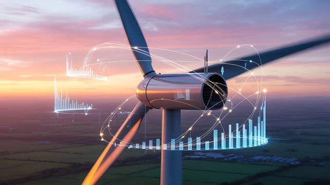 Sustainable energy wind turbine integrated with advanced digital analytics and network connections under a beautiful sky, illustrating future power generation