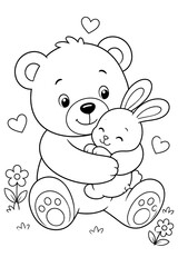 Fototapeta premium Cute Teddy Bear Hugging Bunny Rabbit Toy Coloring Page for Children