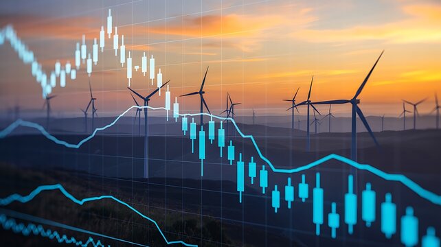 Digital financial graphs illustrating market trends and investment growth in the renewable energy sector, set against a backdrop of wind turbines at sunset