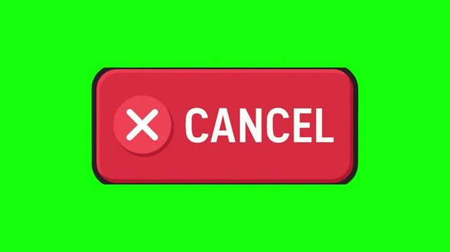 Animated "CANCEL" button with a cross icon on a green screen, ideal for user interface design and interactive content.