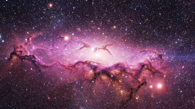 Vast Cosmic Nebula with Central Star and Swirling Pink and Purple Gas Clouds Interspersed with Numerous Distant Stars in Deep Space Exploration and Astronomy Visualization