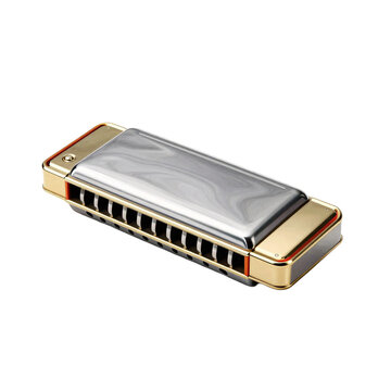 Shiny harmonica shimmers with a metallic sheen against the white background