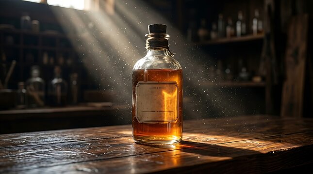 Old apothecary bottle with blank label in dramatic light