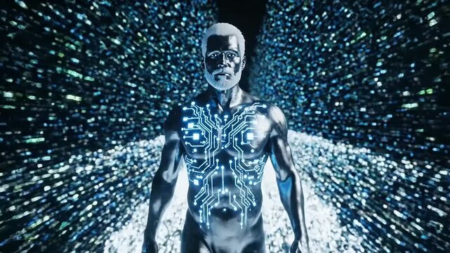Digital human body with glowing circuits.