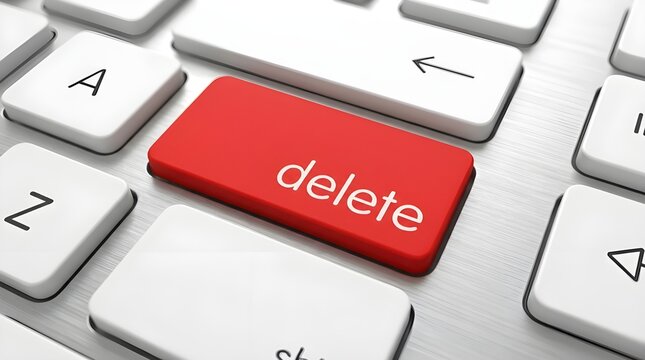 Close-up view of a prominent red delete key among white keys on a modern computer keyboard, symbolizing removal, error, or data management in technology