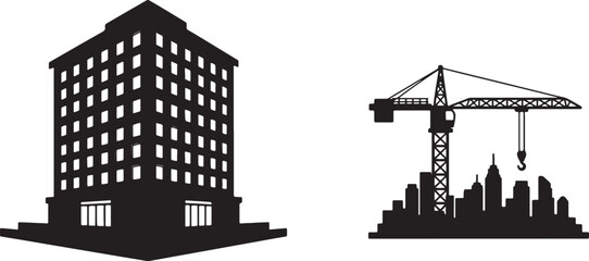 Obraz premium Black silhouette of a tall building and crane constructing a city skyline also transparent background