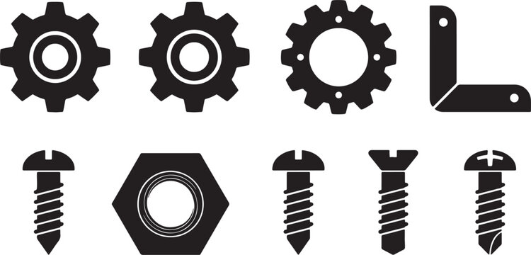 Set of black and white mechanical gears, screws, nuts, and bracket also transparent background