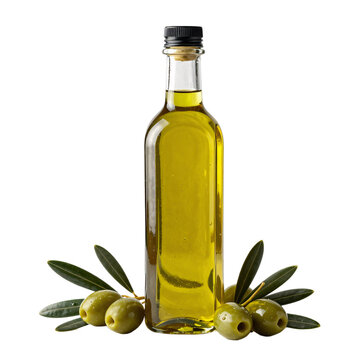 Close-up of olive oil bottle with olives and leaves on white background