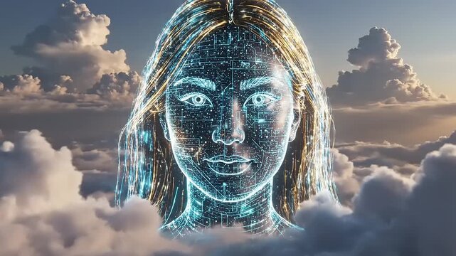 Digital woman face in clouds technology.
