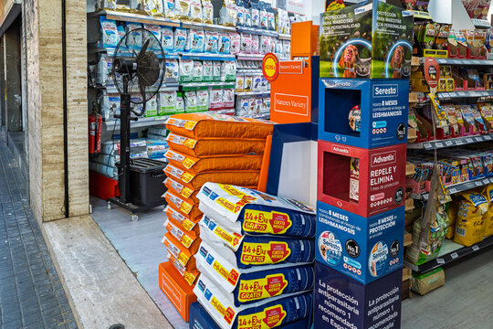 Badalona, Spain - May 24, 2026: Pet store interior shelves display