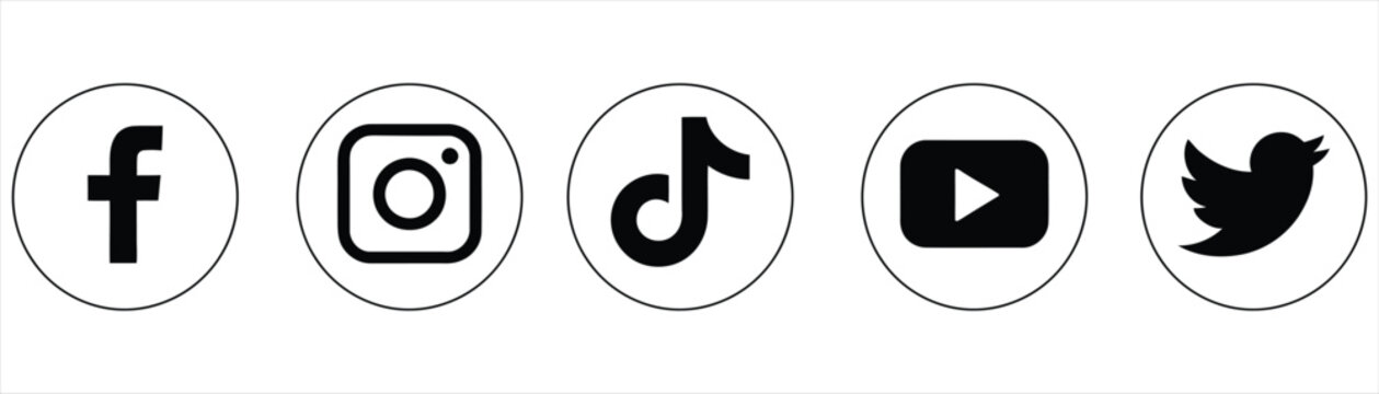 Set of popular social media black flat minimalist logos with thin line circle frames including facebook instagram tiktok youtube and twitter isolated on white background