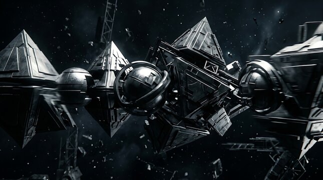 Futuristic metallic geometric modules floating in deep space debris