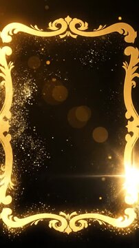 Ornate golden sparkling frame and swirl on black background.