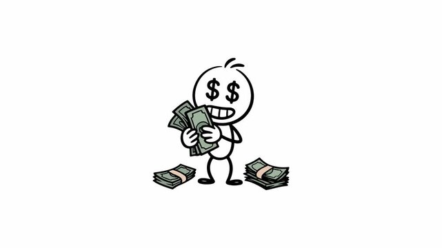 Greedy Stick Figure with Dollar Signs in Eyes Counting Cash Money Animation