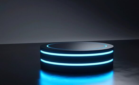 Futuristic cylindrical podium with glowing blue neon light rings on a dark reflective surface and a dark gradient background suggesting a stage or display area for product presentation or sci-fi
