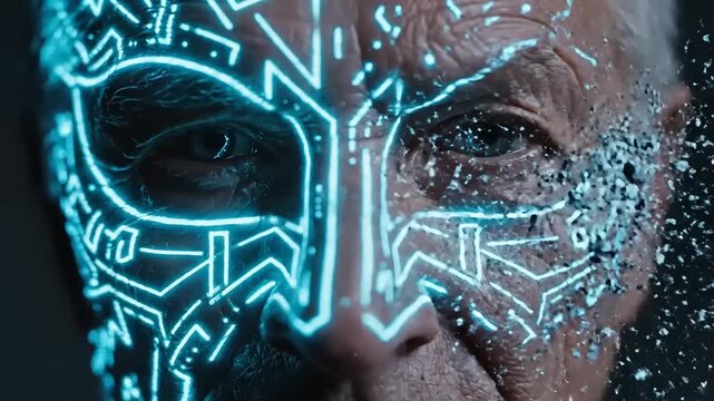 Elderly Man with Glowing Blue Circuit.