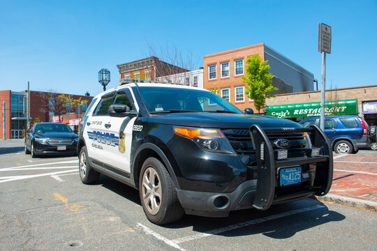 Police car of Chelsea in front of Chelsea Police Department at 19 Park Street in downtown Chelsea, Massachusetts MA, USA.