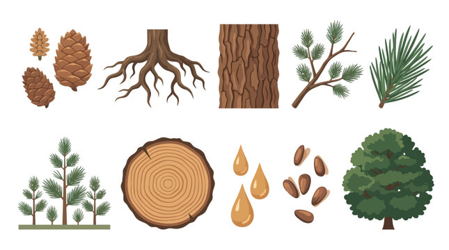 Vector illustration of a pine tree, including pine cones, roots, bark, branches, needles, seeds, wood slices, and resin drops, representing nature's bounty and food sources from trees