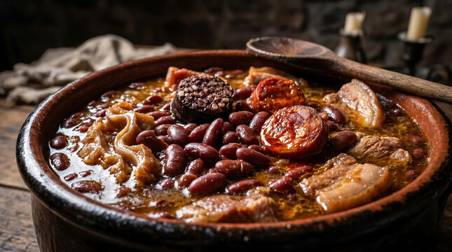Traditional Spanish Olla Podrida &ndash; Close-Up of Classic Burgos Clay-Pot Pork Offal and Red Bean Stew