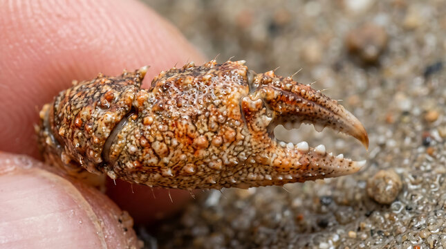 Close-up of a small, textured crab claw held between human fingers on a sandy beach.
