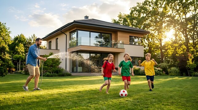 Father watering the lawn with a hose while his three young children play soccer on a sunny backyard grass field