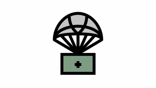 Animated medical supply crate descending by parachute. Ideal for war, military, or medical documentaries.