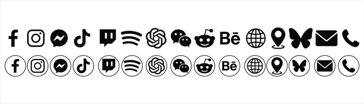 Social Media Icons Set with Glyph and Outline Circle Buttons for Facebook Instagram Messenger TikTok Twitch Spotify ChatGPT WeChat Reddit Behance Web Location Bluesky Mail and Phone