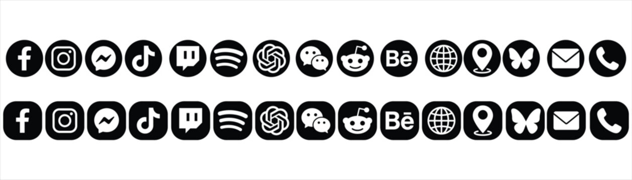 Large comprehensive collection of popular social media round and square buttons including facebook instagram messenger tiktok twitch spotify chatgpt wechat reddit behance web location bluesky email an
