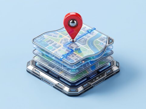 Stacked digital map layers with a red pin locator. Concept of geographic data validation, logistics management, location intelligence, spatial auditing, mapping standardization, and tracking.