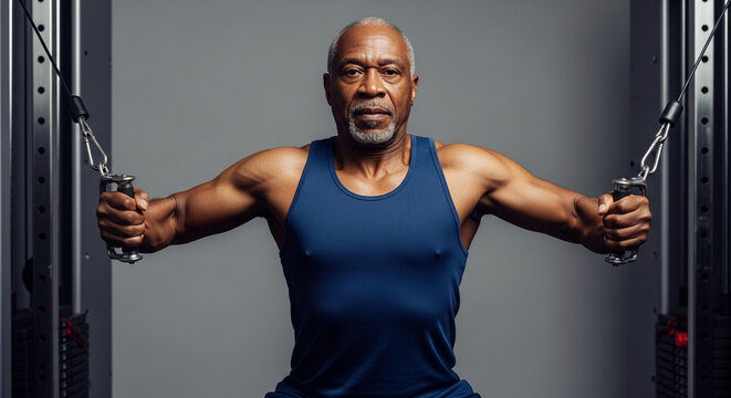 Determined senior Black man actively engaging in a chest fly exercise on a cable machine, highlighting strength and an active lifestyle