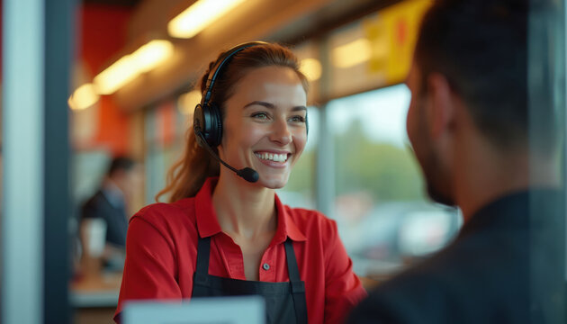 Smiling female fast food worker wearing headset takes order from customer at drive-thru window. Friendly service interaction at modern restaurant.