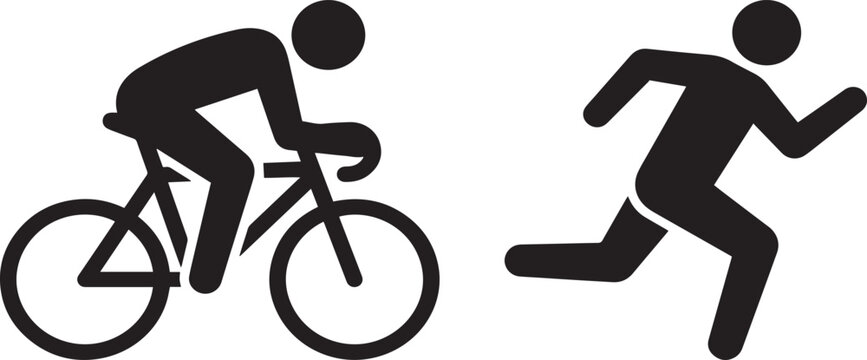 Cycling and running stick figure pictogram set representing duathlon athlete, black silhouette flat vector characters isolated on plain white background.