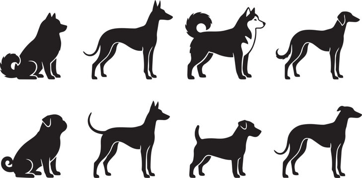 Dog breeds silhouette collection icon set including husky pug and greyhound, black canine side view characters flat vector illustration on white background.