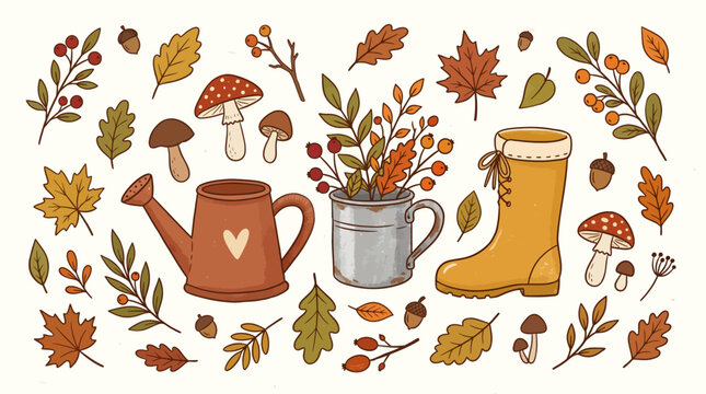 Autumn garden illustration with watering can boots and fall foliage
