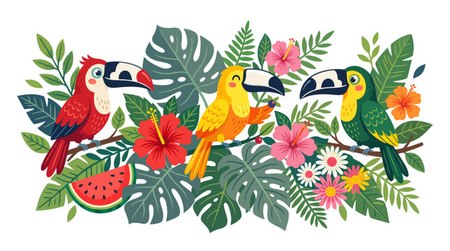 Tropical birds and foliage illustration with watermelon and hibiscus flowers