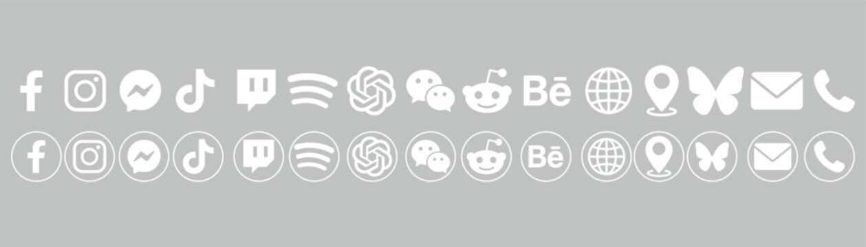  Social Media and Tech Application White Thin Line Logo Icons Set on Grey Background Concept Layout