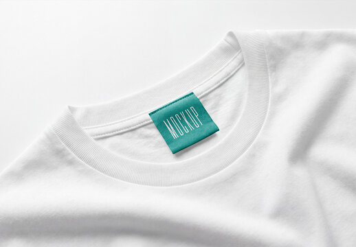 White cotton t-shirt collar mockup with a turquoise fabric clothing label tag on a clean white background