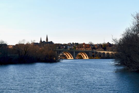View of the Historic Francis Scott Key Bridge and Georgetown Skyline over Potomac River