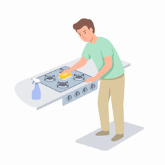 Obraz premium Man cleaning gas stove with sponge, vector illustration. Concept of home maintenance, cooking preparation, and fathers day gift ideas for men. Useful for lifestyle blogs, home improvement guides,