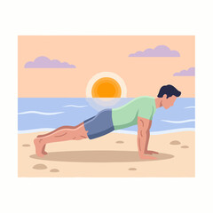 Fototapeta premium Man performing push-ups on sandy beach during sunrise, vector illustration style. Concept of fitness, exercise, and outdoor activities. Useful for Fathers Day promotions, health campaigns,