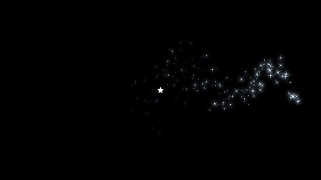 4k magical glitter star line animation with sparkling fairy dust trails, twinkling white shimmer particles, glowing doodle stars, luxury starlight transition on black background