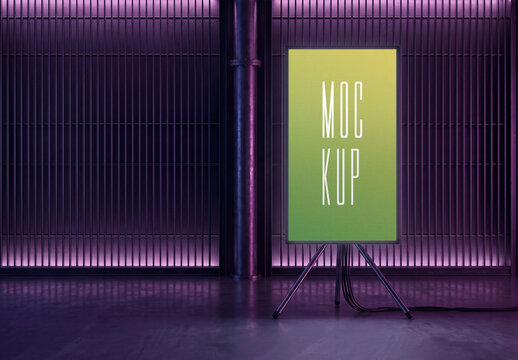 Vertical digital screen billboard mockup on a tripod stand in a futuristic studio with purple neon light background