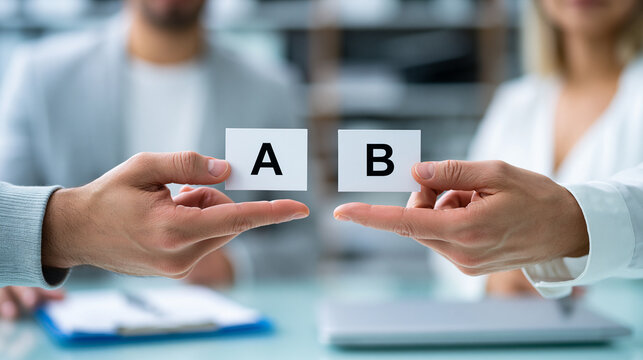 Businessman holding hands to decide between option A and option B, comparing alternatives and weighing options, executive decision making concept, faceless, defocused office