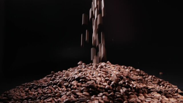 Slow motion pouring coffee beans into pile on dark studio tabletop closeup shot with falling motion.