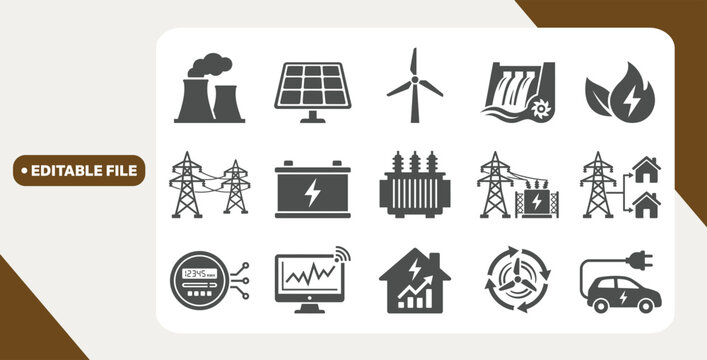 Icon set illustrating energy and grid concepts on white background